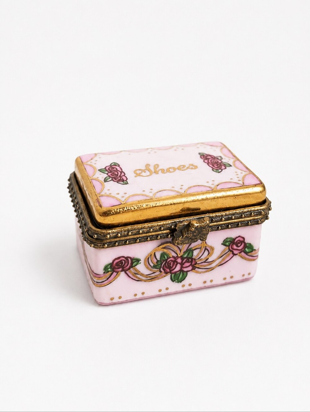 Vintage Ganz Porcelain Hinged Trinket Box Pink Roses “Shoes” Miniature